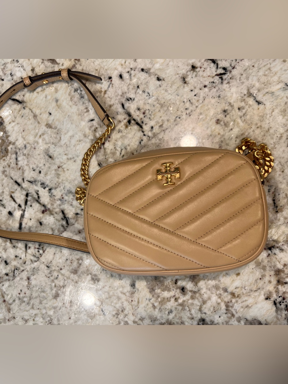 Tory Burch Kira Camera Crossbody Bag in Beige with Gold Hardware